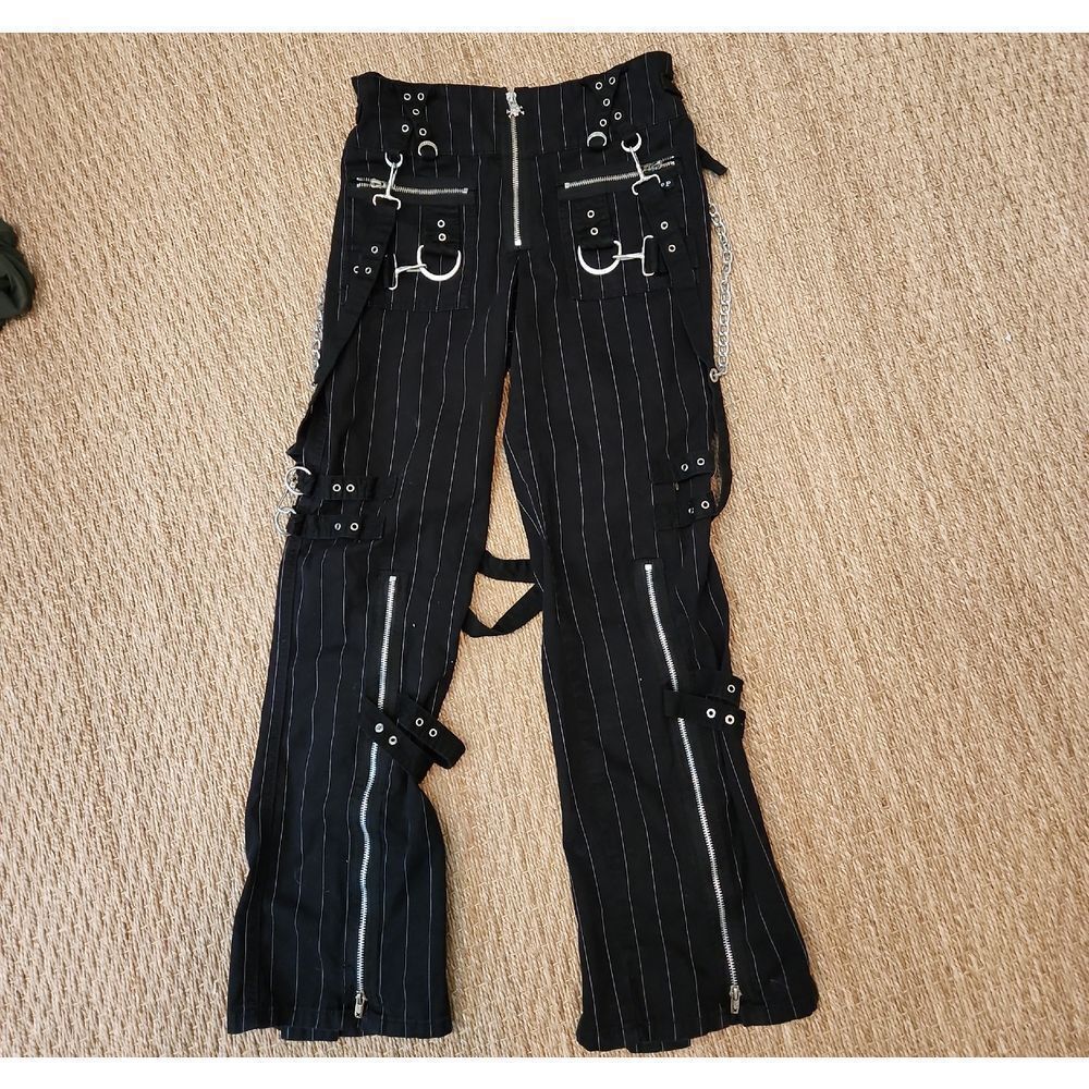 Tripp NYC Black Pinstripe Bondage Pants with Silver Hardware Size 28